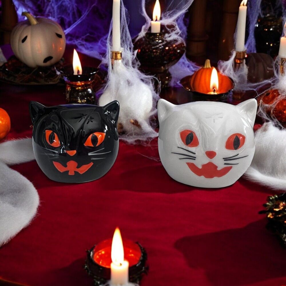 Halloween Black & White Spooky Cats Ceramic Salt Pepper Shakers By Trick & Treat